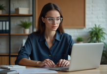 Laver sa réputation en ligne : conseils pratiques et astuces efficaces Jeune femme au bureau concentrée sur son ordinateur portable