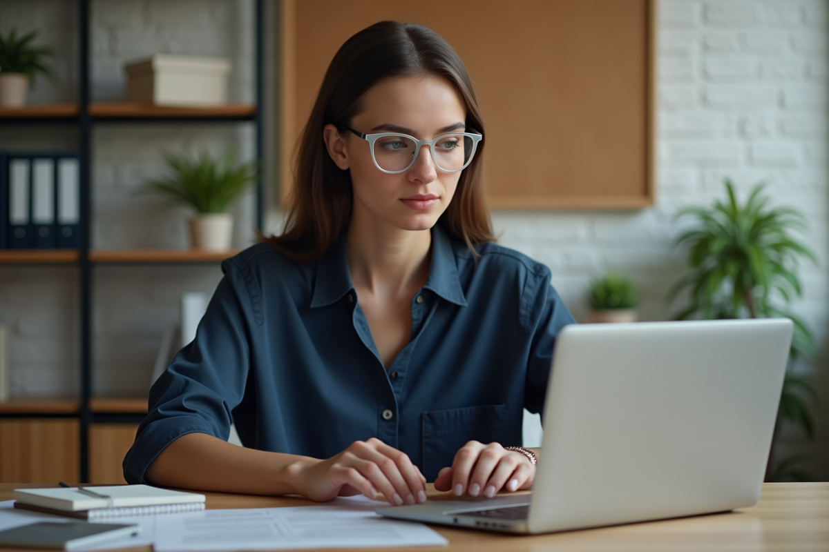 Jeune femme au bureau concentrée sur son ordinateur portable