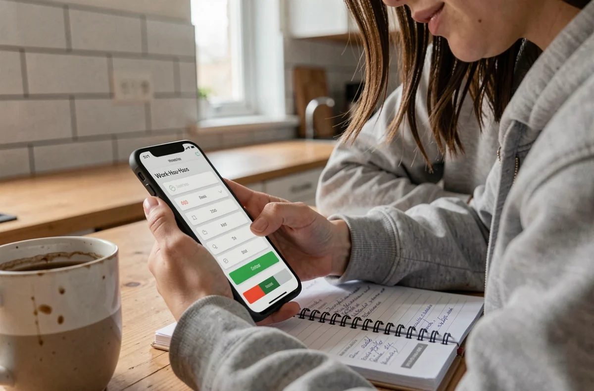 Jeune femme à mi-temps utilisant une application pour calculer ses droits et jours travaillés en 2026