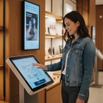Réinventer l’expérience client en magasin : tendances et innovations Jeune femme souriante interagissant avec un kiosque digital dans un magasin moderne