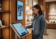 Réinventer l’expérience client en magasin : tendances et innovations Jeune femme souriante interagissant avec un kiosque digital dans un magasin moderne