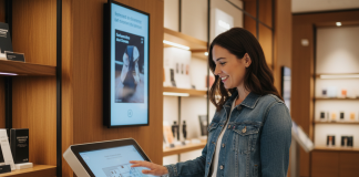 Jeune femme souriante interagissant avec un kiosque digital dans un magasin moderne