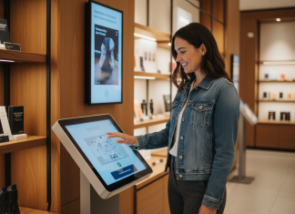 Jeune femme souriante interagissant avec un kiosque digital dans un magasin moderne