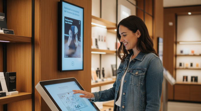 Réinventer l’expérience client en magasin : tendances et innovations Jeune femme souriante interagissant avec un kiosque digital dans un magasin moderne