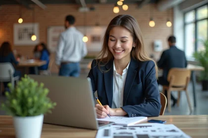 Jeune femme entrepreneure souriante dans un espace de coworking
