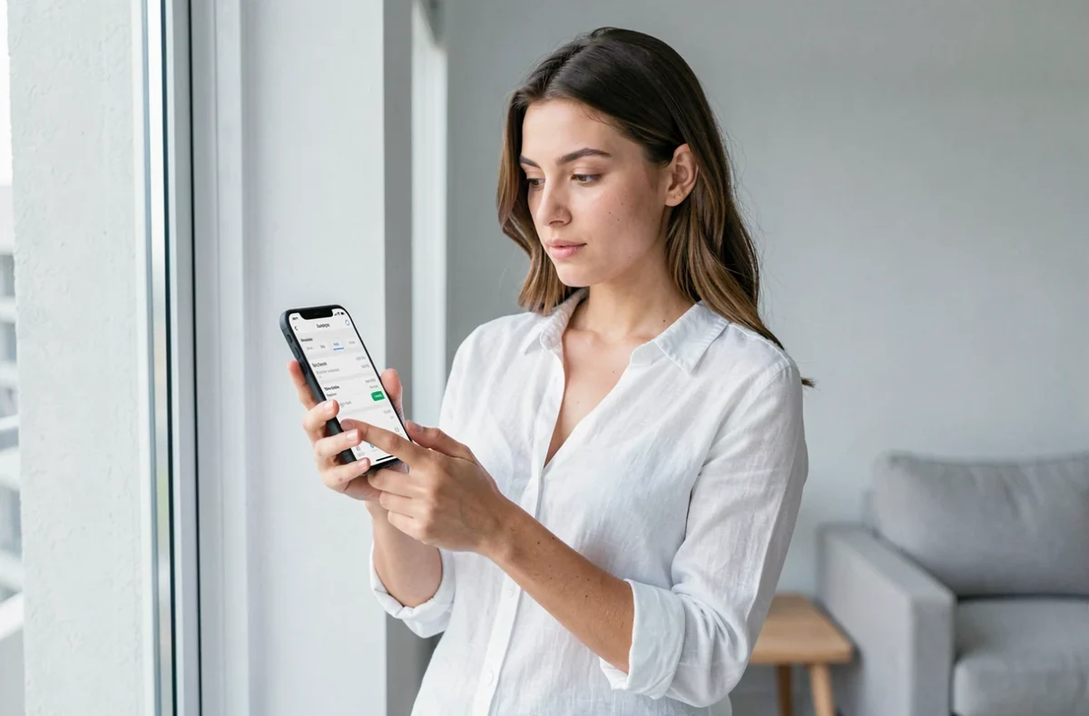 Jeune femme consultant ses factures Orange sur smartphone dans appartement moderne