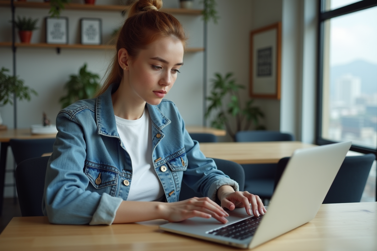 Jeune femme en denim travaillant sur son ordinateur en bureau moderne
