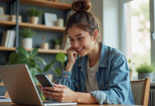 Influenceur sur les réseaux sociaux : avantages et inconvénients à connaître Jeune femme en intérieur regardant son smartphone dans un bureau moderne