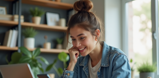 Influenceur sur les réseaux sociaux : avantages et inconvénients à connaître Jeune femme en intérieur regardant son smartphone dans un bureau moderne