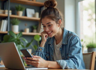 Influenceur sur les réseaux sociaux : avantages et inconvénients à connaître Jeune femme en intérieur regardant son smartphone dans un bureau moderne