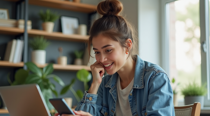 Influenceur sur les réseaux sociaux : avantages et inconvénients à connaître Jeune femme en intérieur regardant son smartphone dans un bureau moderne