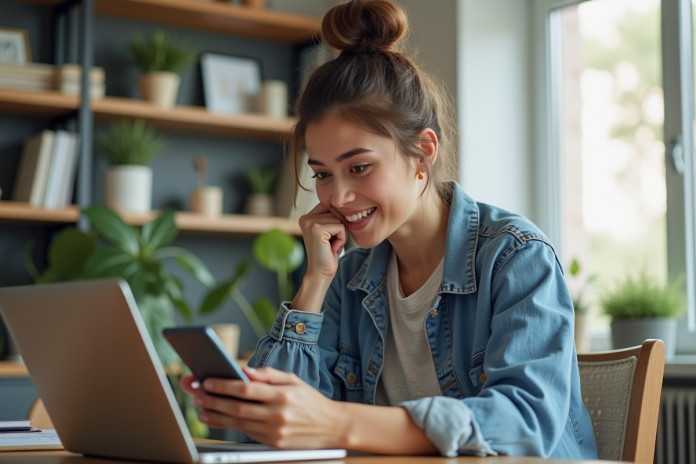 jeune-femme-smartphone-home-office Jeune femme en intérieur regardant son smartphone dans un bureau moderne