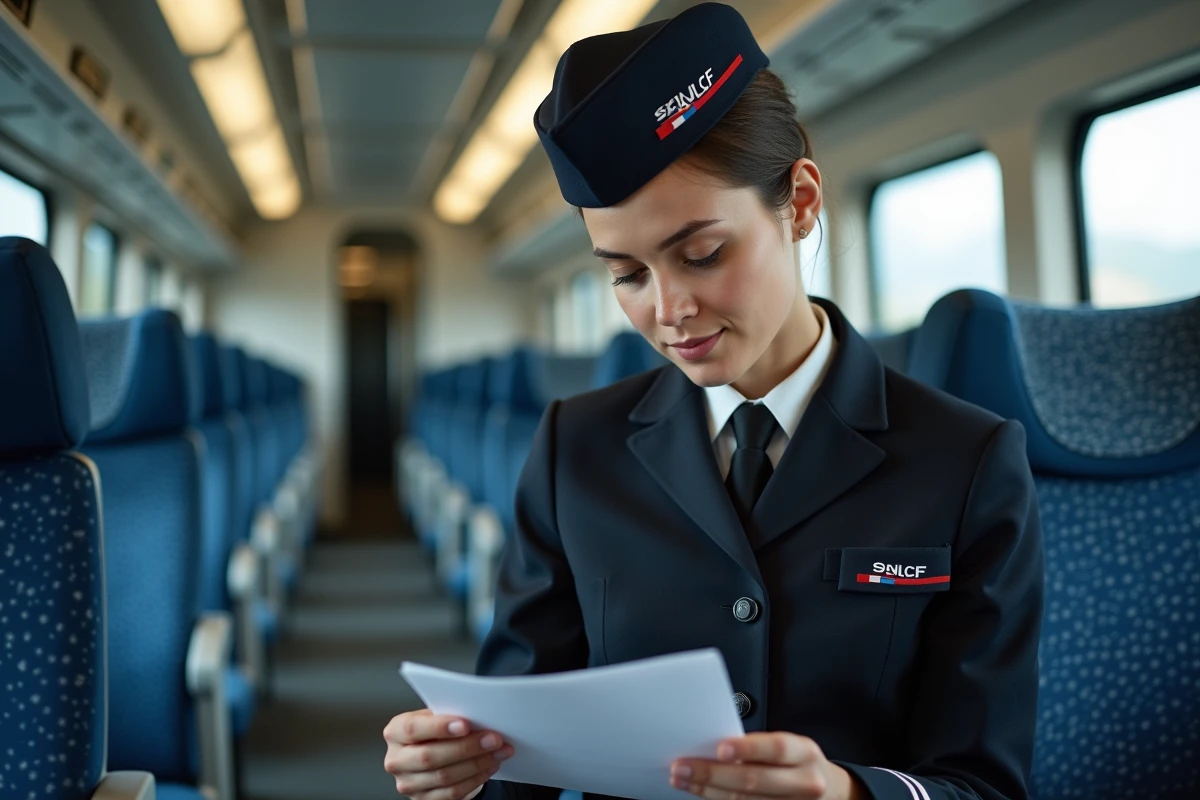 Jeune femme contrôleur SNCF dans un train intérieur
