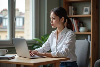 Jeune femme en télétravail dans un appartement parisien