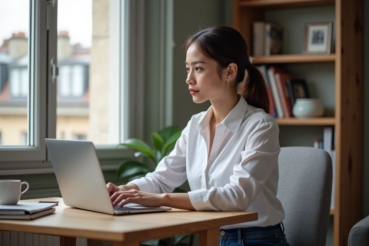 Jeune femme en télétravail dans un appartement parisien
