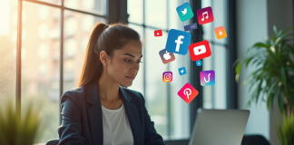 Jeune femme professionnelle travaillant sur un laptop avec icônes sociales flottantes