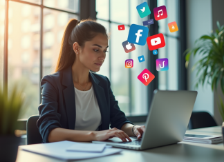 Objectifs publicité réseaux sociaux : savoir les atteindre efficacement ! Jeune femme professionnelle travaillant sur un laptop avec icônes sociales flottantes