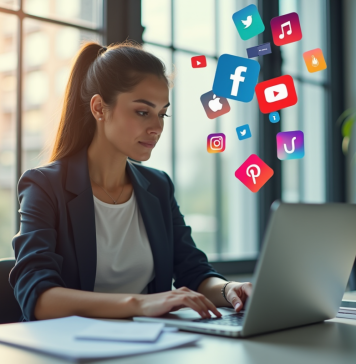 Jeune femme professionnelle travaillant sur un laptop avec icônes sociales flottantes