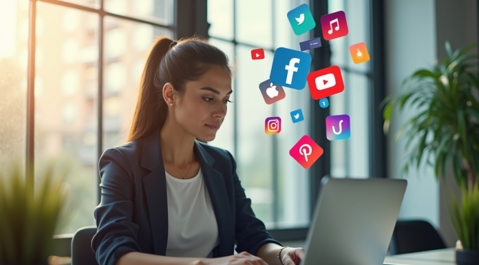 Jeune femme professionnelle travaillant sur un laptop avec icônes sociales flottantes