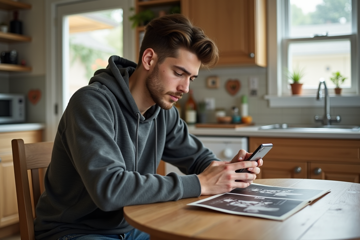 Jeune homme numérisant une photo ancienne à la maison