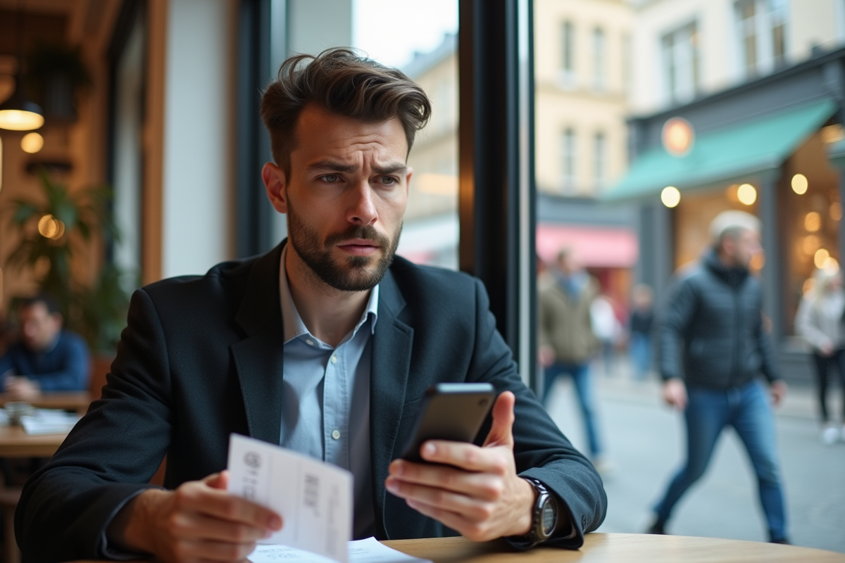 Jeune homme surpris avec son smartphone au café