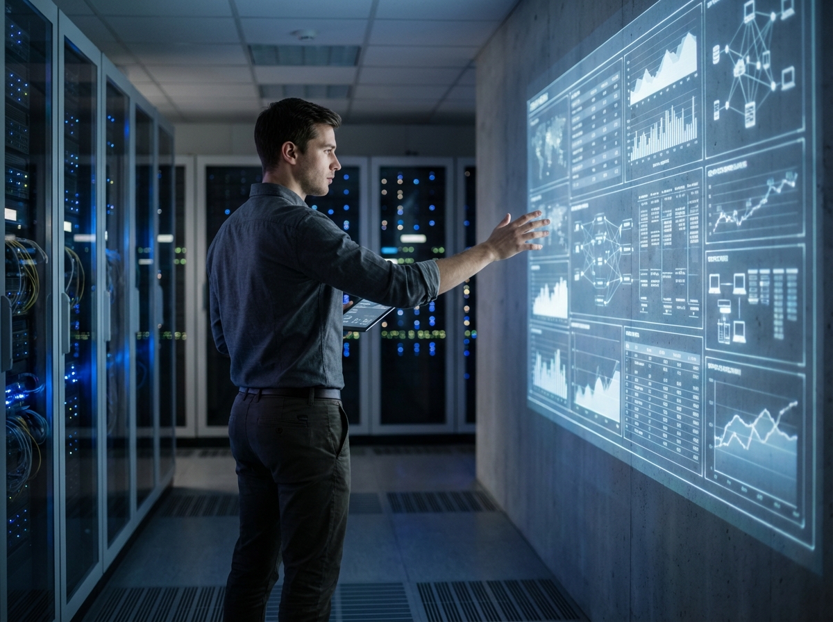 Jeune homme analysant un tableau de bord digital dans un centre serveur
