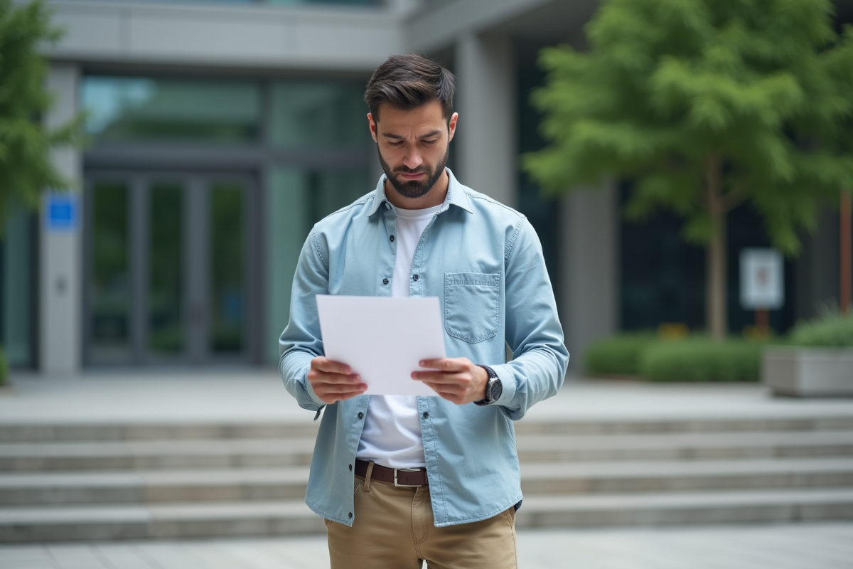 Jeune homme lisant un document devant un bâtiment officiel