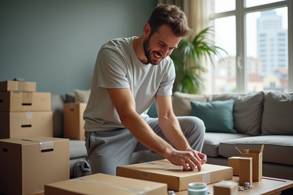Jeune homme scellant un colis dans un salon moderne