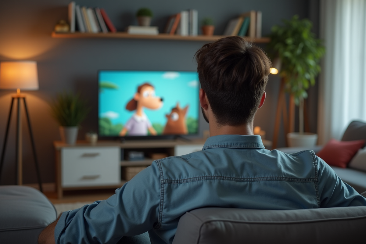 Jeune homme regardant une publicité à la maison