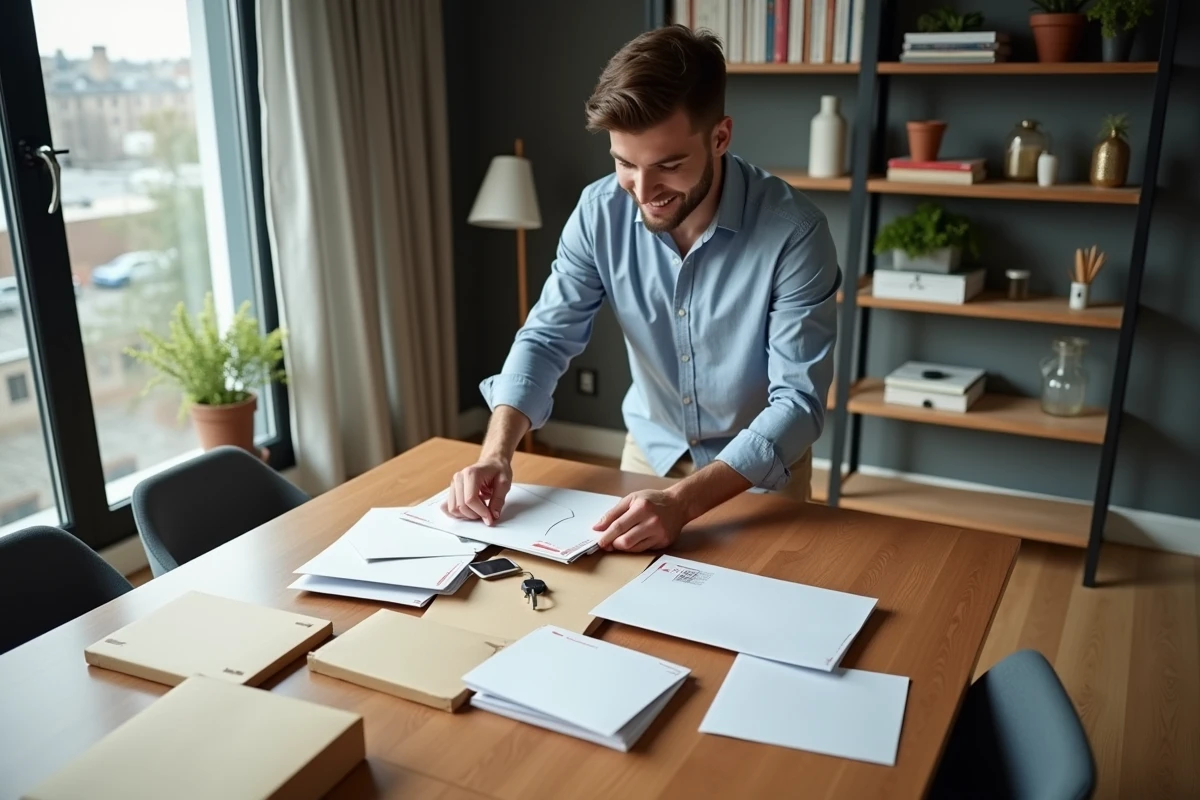 Jeune homme organisant du courrier sur une table à manger moderne