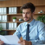 Jeune homme professionnel au bureau examinant des documents