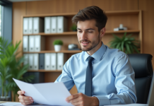 Jeune homme professionnel au bureau examinant des documents