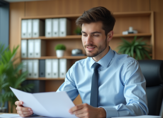 Jeune homme professionnel au bureau examinant des documents