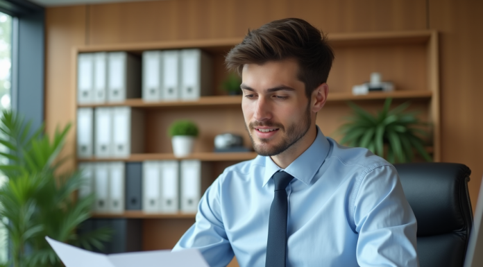 Jeune homme professionnel au bureau examinant des documents