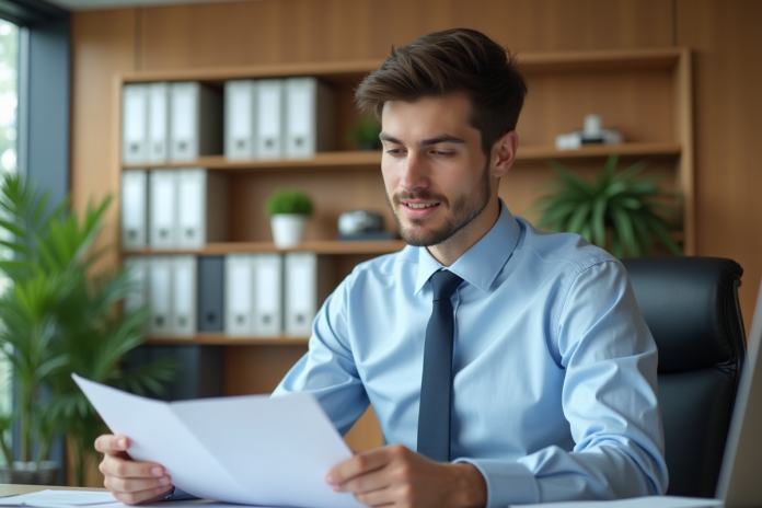 jeune-professionnel-bureau-documents Jeune homme professionnel au bureau examinant des documents