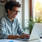Jeune professionnel souriant travaillant sur un ordinateur avec graphiques publicitaires