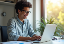Jeune professionnel souriant travaillant sur un ordinateur avec graphiques publicitaires