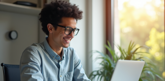 Jeune professionnel souriant travaillant sur un ordinateur avec graphiques publicitaires