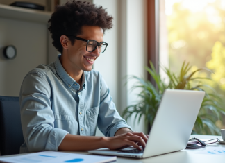 Jeune professionnel souriant travaillant sur un ordinateur avec graphiques publicitaires