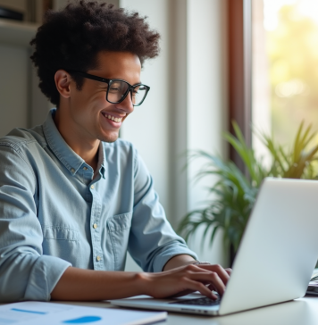 Jeune professionnel souriant travaillant sur un ordinateur avec graphiques publicitaires