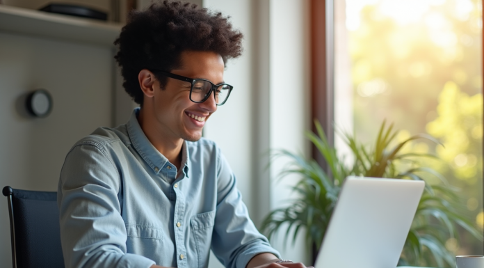 Jeune professionnel souriant travaillant sur un ordinateur avec graphiques publicitaires