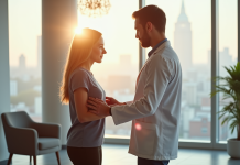 Kinesiologue évaluant la posture d'un patient dans une clinique lumineuse