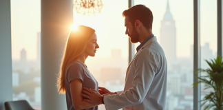 Kinesiologue évaluant la posture d'un patient dans une clinique lumineuse