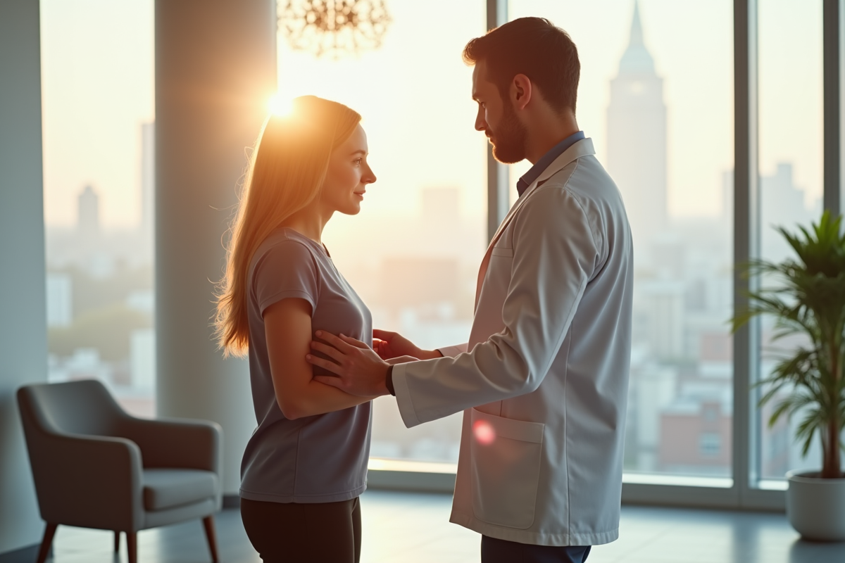 Kinesiologue évaluant la posture d'un patient dans une clinique lumineuse