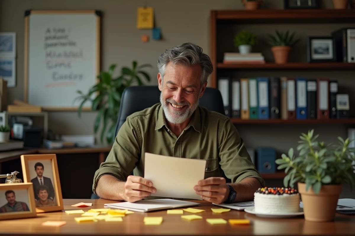 Homme lisant une lettre de départ de ses collègues assis à son bureau décoré pour sa promotion