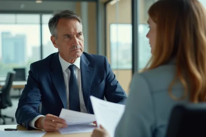 Un homme en costume rencontre un responsable RH dans un bureau moderne pour discuter d'un licenciement et de ses droits au préavis