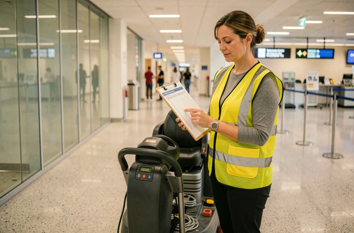 Responsable de maintenance consultant une liste de contrôle des paramètres d'une autolaveuse autoportée dans un couloir d'aéroport