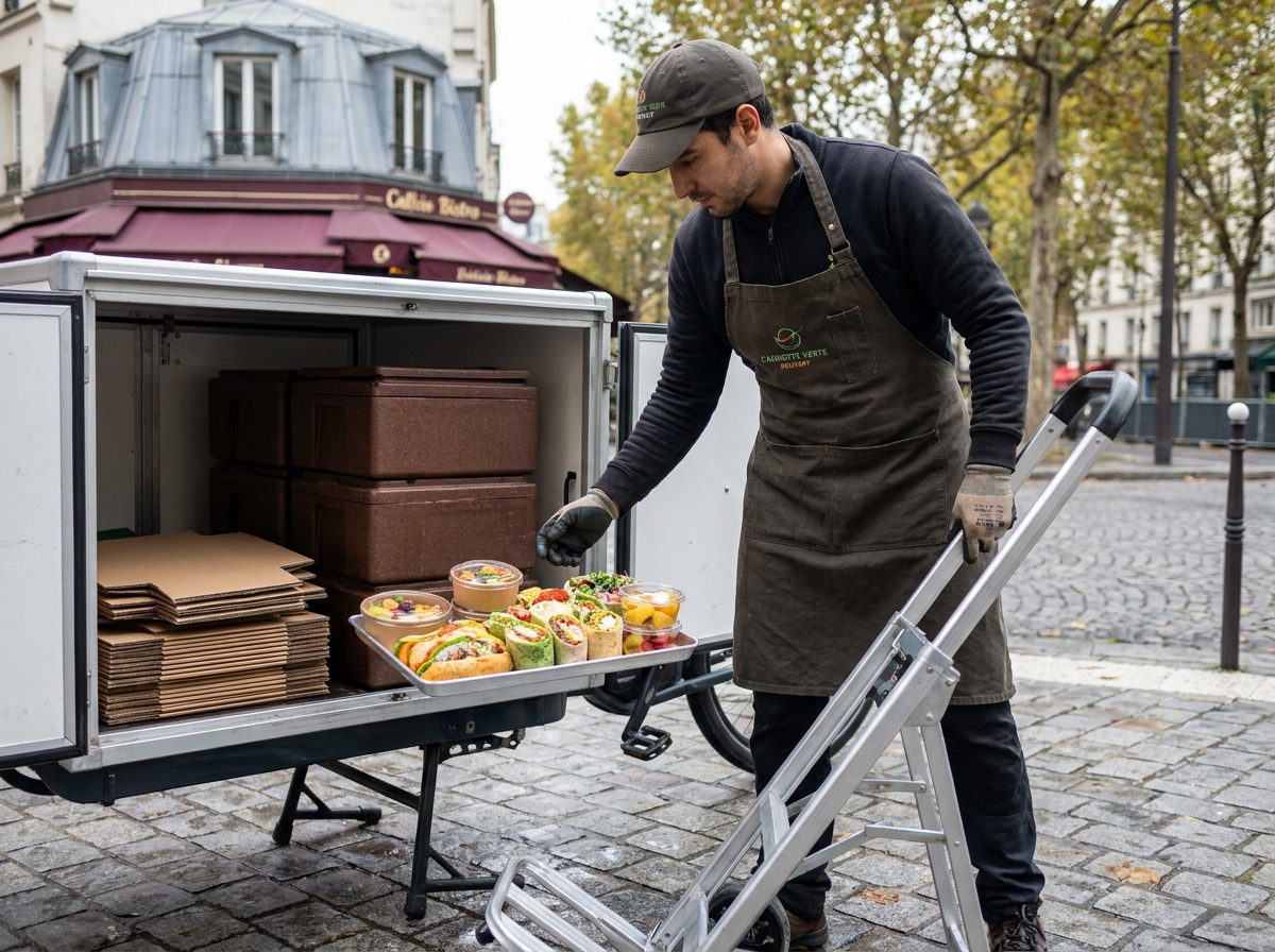 Livreur traiteur parisien déchargeant des plateaux de buffet végétarien depuis un vélo cargo sur une rue pavée de Paris
