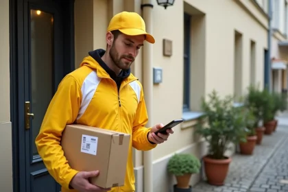 Livreur Chronopost en uniforme jaune scannant un colis devant une porte d'immeuble résidentiel en France