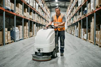 Opérateur utilisant une autolaveuse à conducteur porté dans un entrepôt industriel pour un nettoyage intensif quotidien